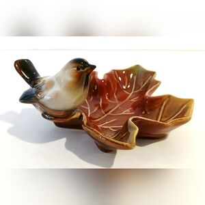 Vintage Ceramic Leaf Trinket Dish with Bird Accent